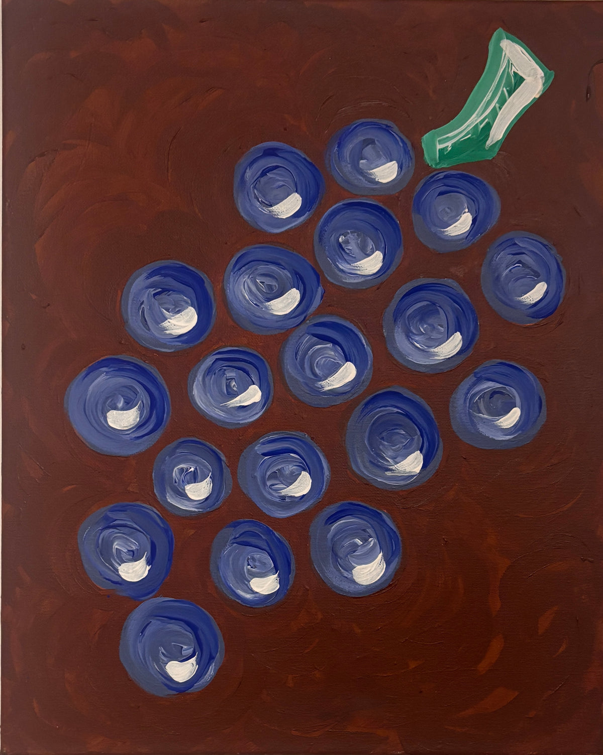 An abstract painting of a grape cluster on a textured dark brown background, featuring blue grapes with white highlights and a green leaf in the upper right.