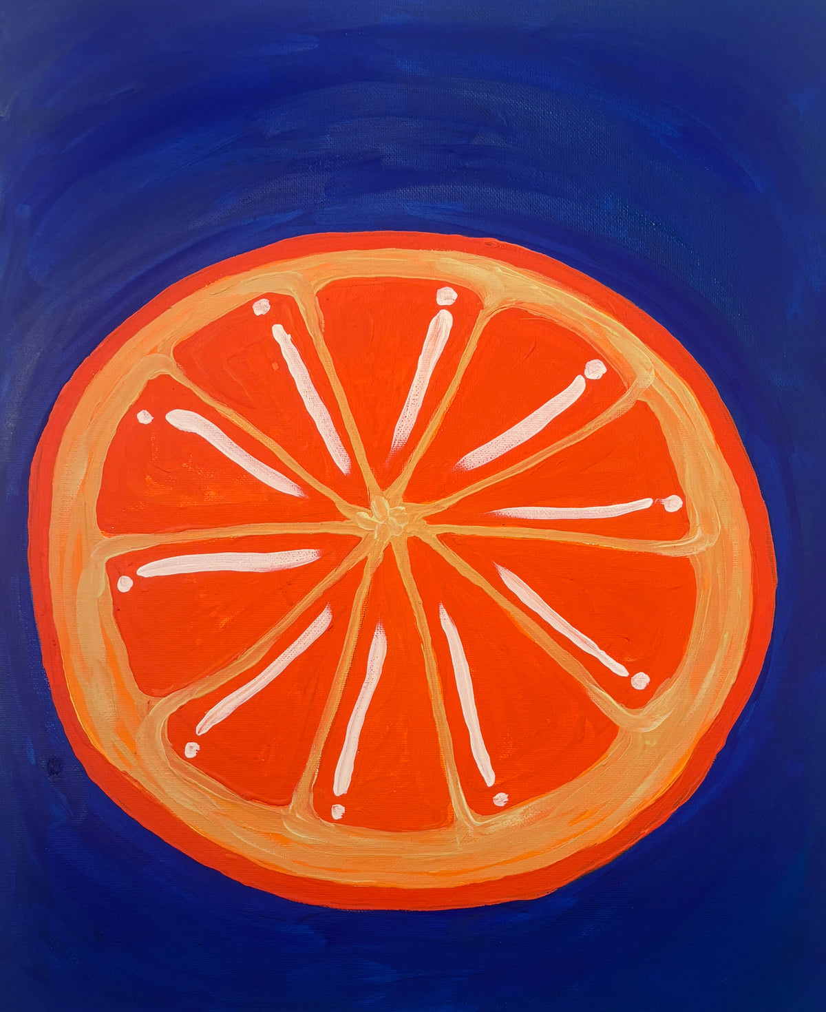 A stylized painted citrus slice, likely an orange or mandarin, with bright orange-red segments, pale yellow rind, and white pith details against a deep blue background.