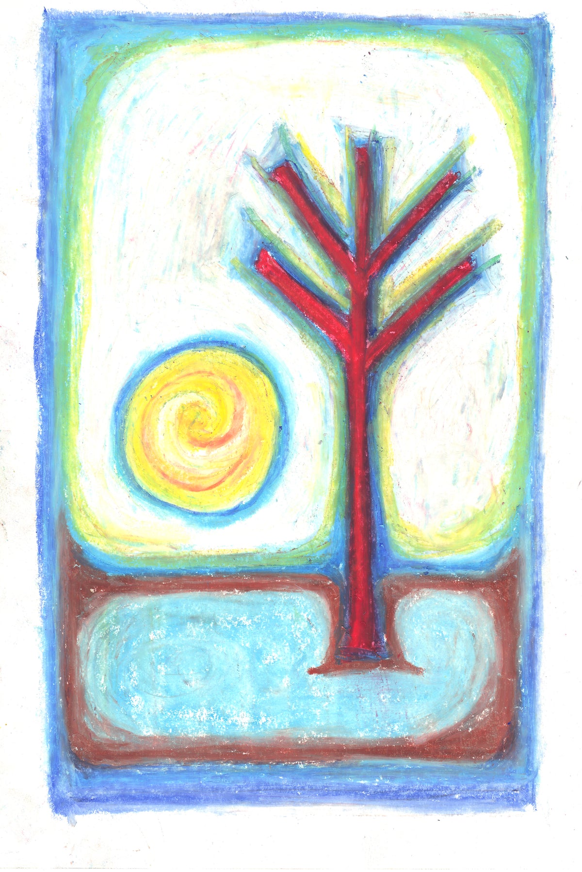 A colorful abstract painting featuring a red tree, a yellow spiral sun, and blue and brown landscape shapes on a white background.