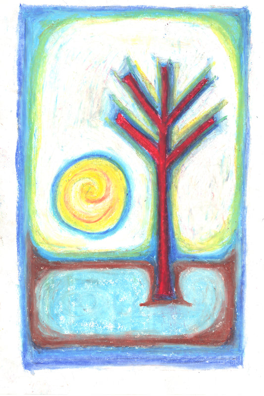 A colorful abstract painting featuring a red tree, a yellow spiral sun, and blue and brown landscape shapes on a white background.
