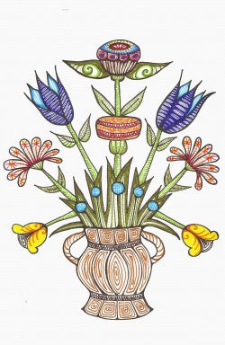 A colorful folk-art style illustration of a floral bouquet in a patterned vase, rendered with hand-drawn lines and filled with blue, purple, yellow, orange, green, and red tones on a white background.