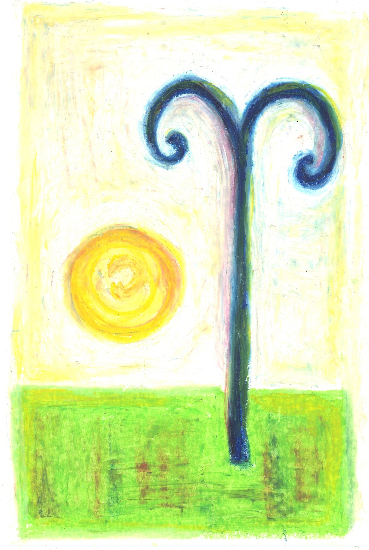 A colorful abstract drawing featuring a stylized dark blue Y-shaped form, a yellow spiral sun, and a green rectangular base on a white background.