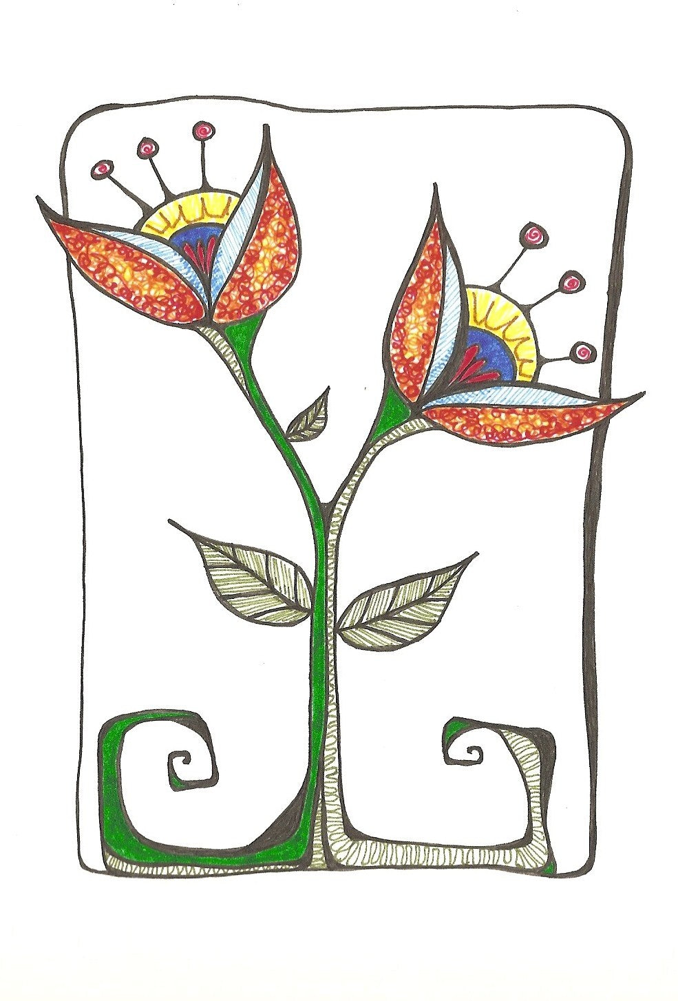 Original ink artwork by Lone Peep: two red flowers on a green curly stem.