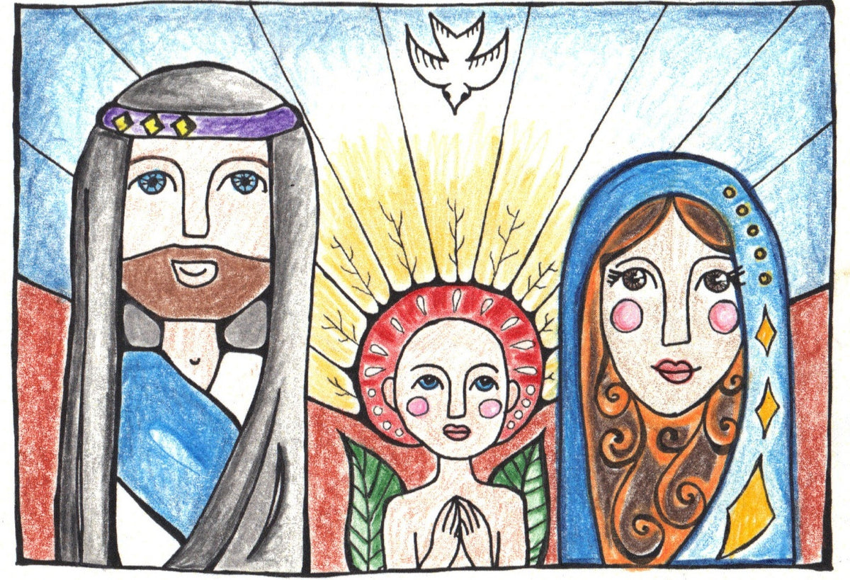 Folk art nativity by Lone Peep: Joseph, Mary and the holy child with a dove overhead, in stained-glass blues and gold.