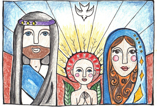 Folk art nativity by Lone Peep: Joseph, Mary and the holy child with a dove overhead, in stained-glass blues and gold.