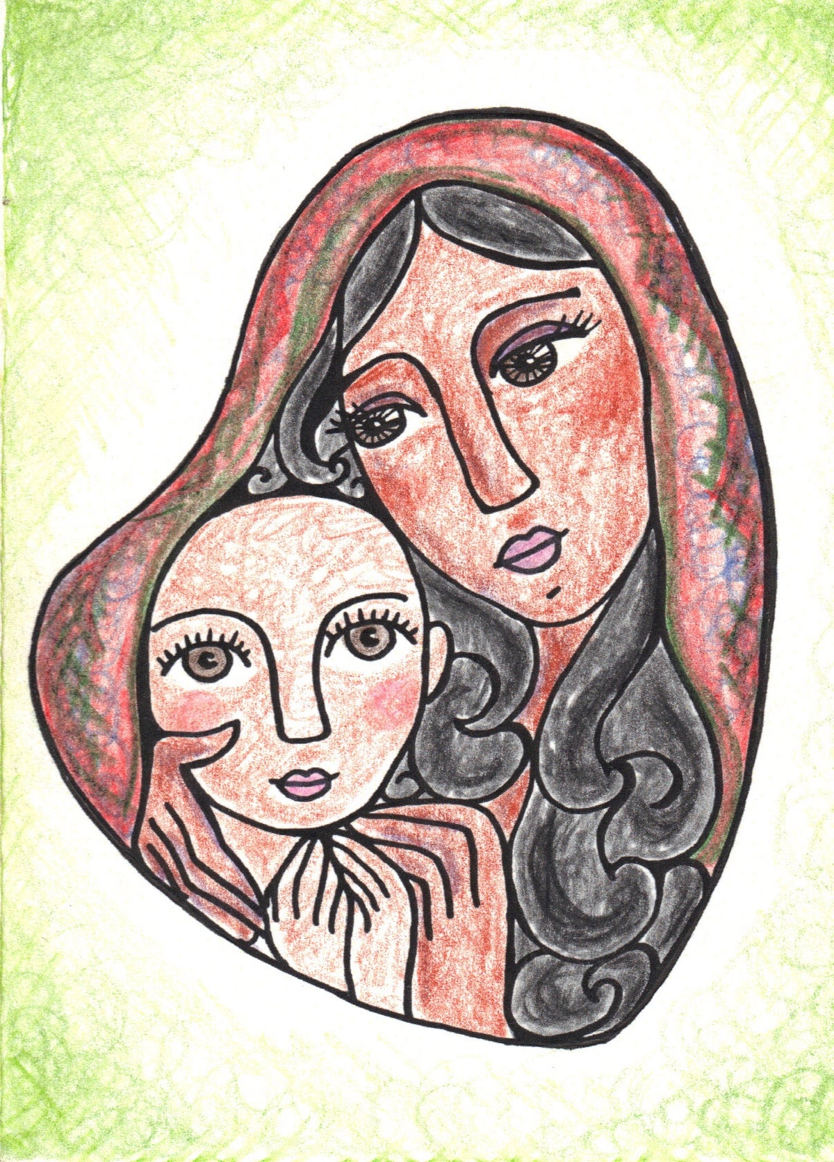 Folk art madonna and child by Lone Peep: Mary in a red and green veil holding the holy child, on a soft green wash.