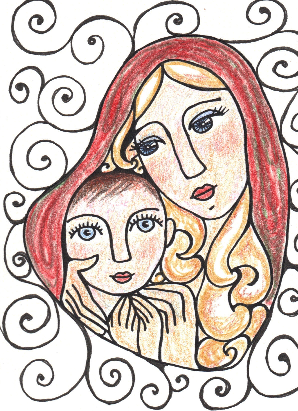 Folk art madonna and child by Lone Peep: Mary in a crimson veil with golden swirls, holding the holy child.