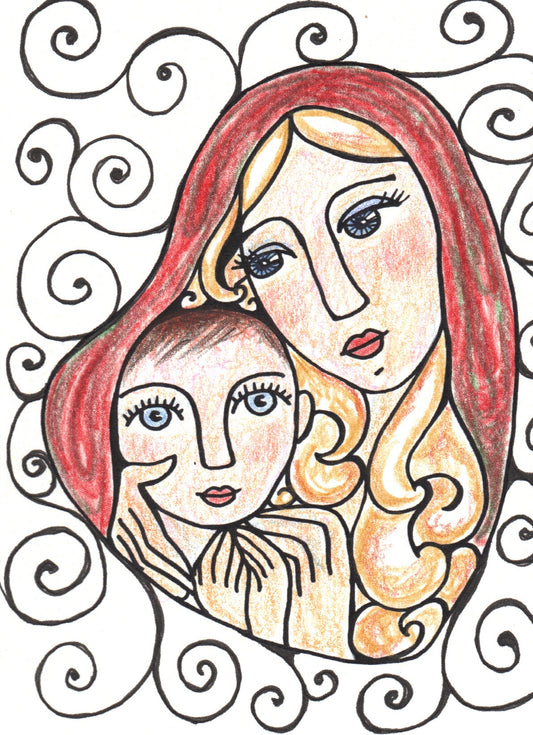 Folk art madonna and child by Lone Peep: Mary in a crimson veil with golden swirls, holding the holy child.