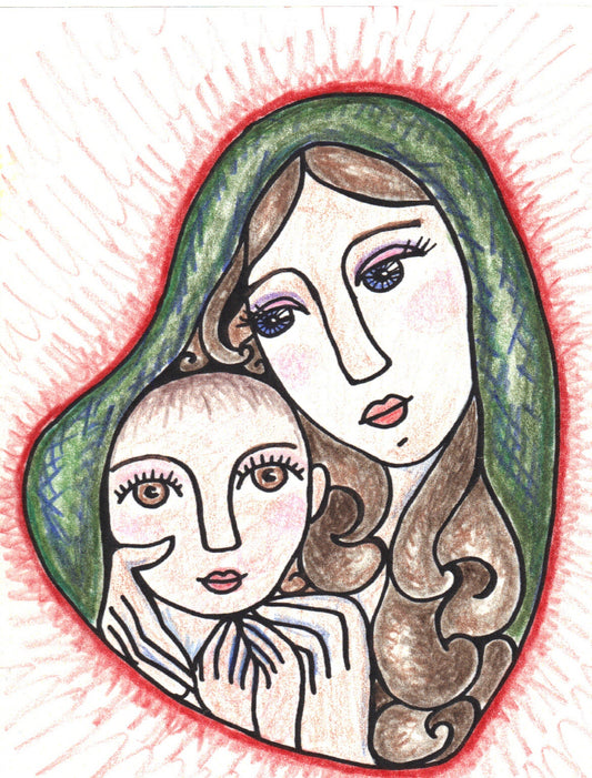 Folk art madonna and child by Lone Peep: Mary in a green veil with a red halo glow, holding the holy child.