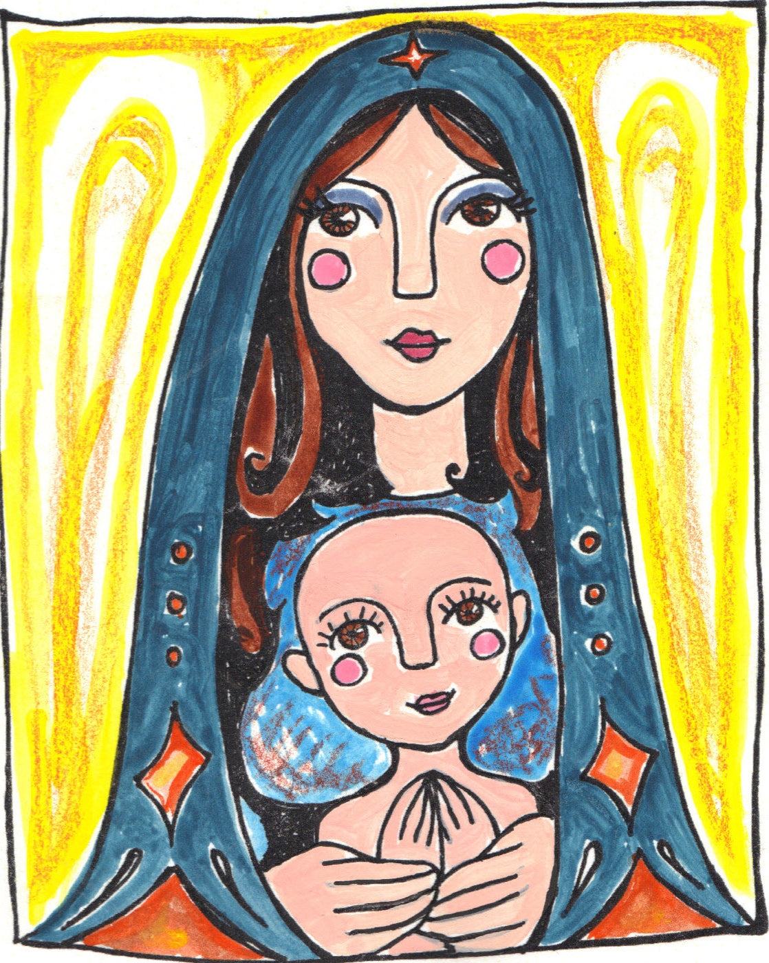 Folk art madonna and child by Lone Peep: Mary in a teal veil beneath a golden arch, holding the praying holy child.