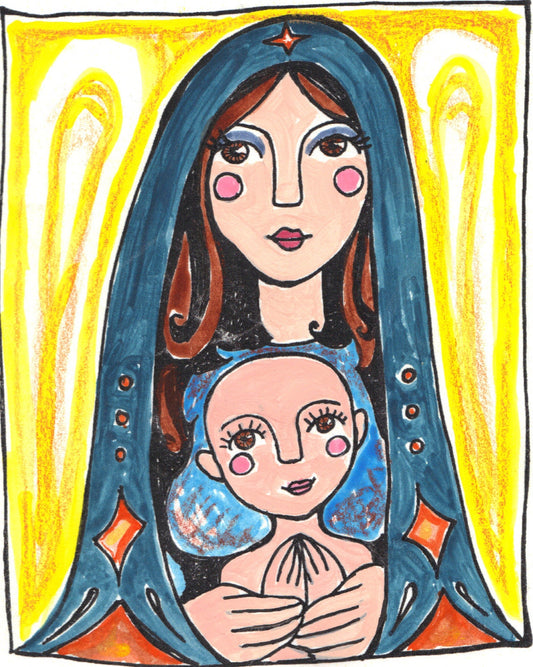 Folk art madonna and child by Lone Peep: Mary in a teal veil beneath a golden arch, holding the praying holy child.