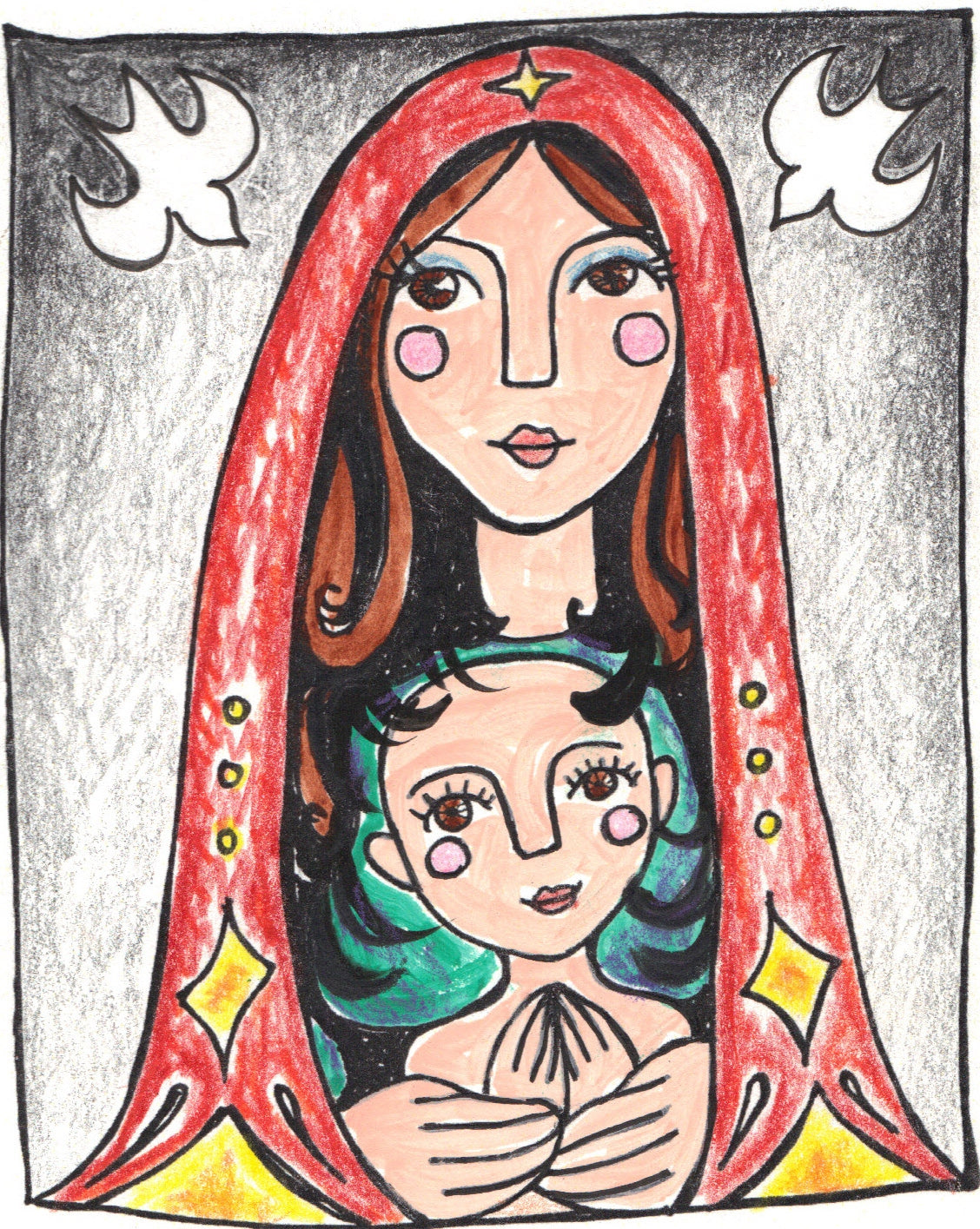 Folk art madonna and child by Lone Peep: Mary in a red veil with doves at her shoulders, holding the holy child.