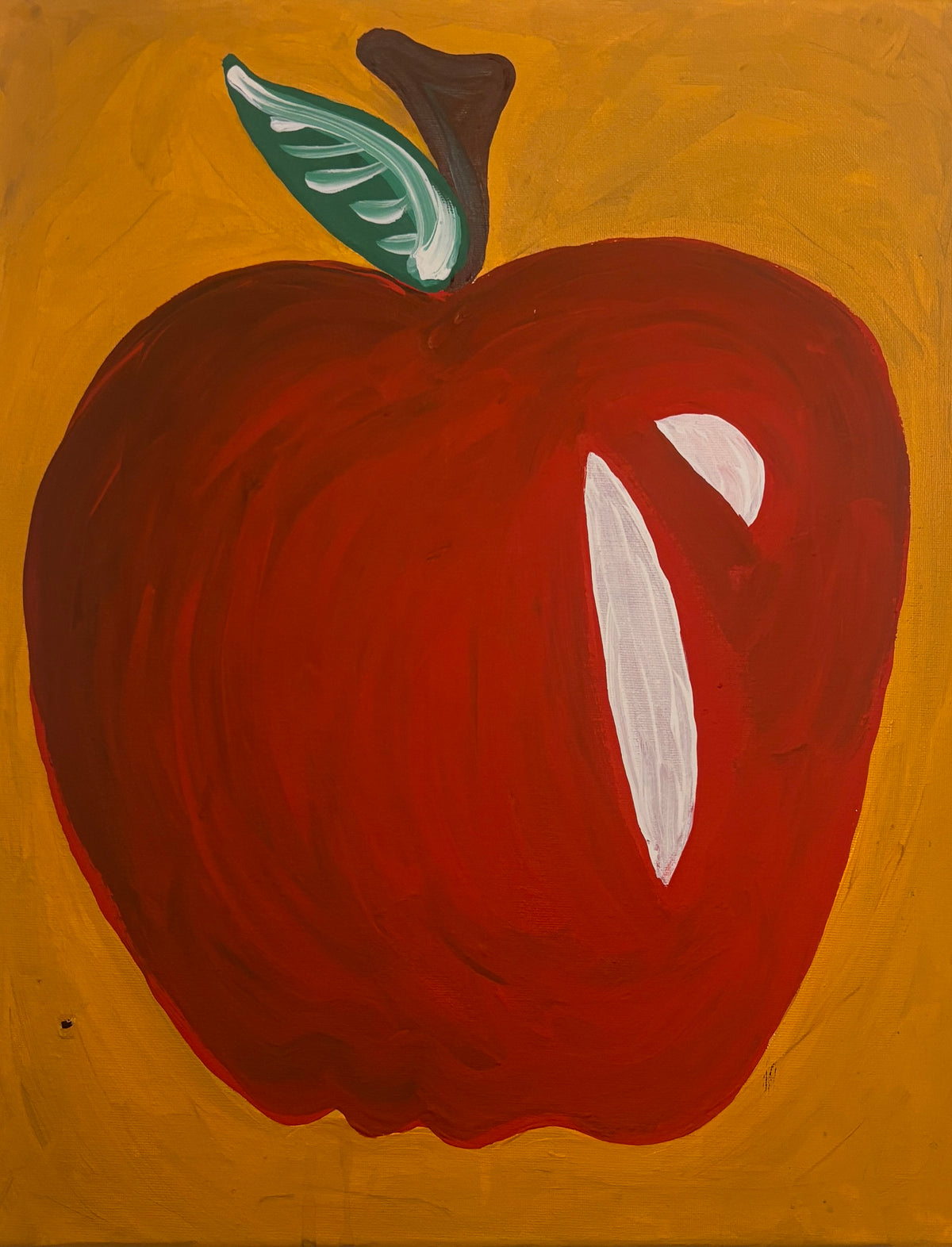 A stylized painting of a red apple with a green leaf and dark stem, set against a warm mustard-yellow background.