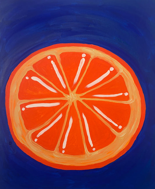 A stylized painted citrus slice, likely an orange or mandarin, with bright orange-red segments, pale yellow rind, and white pith details against a deep blue background.