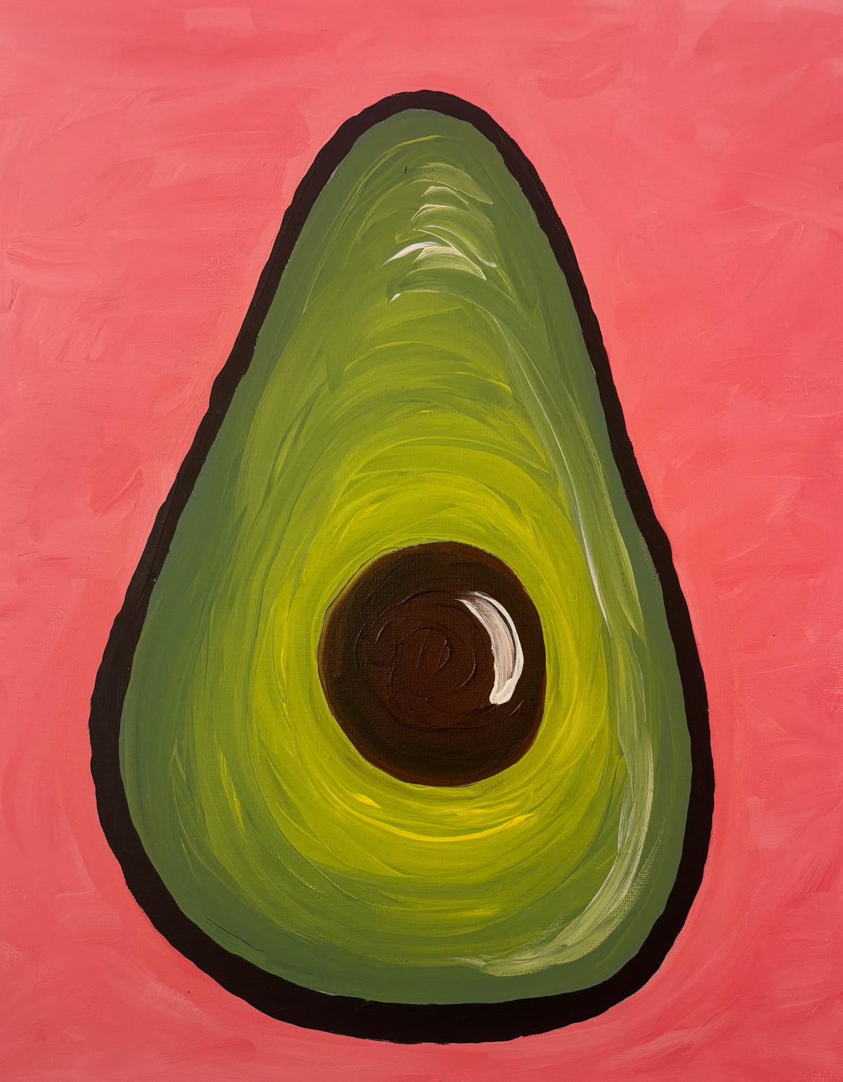 A stylized painting of a halved avocado centered on a pink background, with visible brushstrokes and a black outline around the fruit.