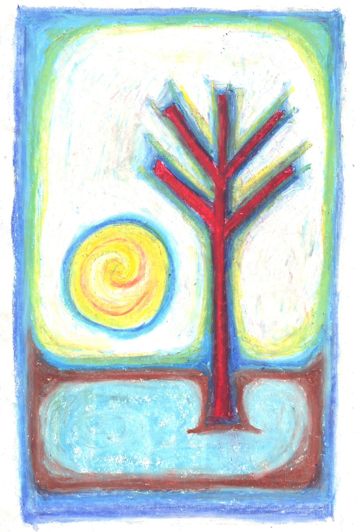 A colorful abstract painting featuring a red tree, a yellow spiral sun, and blue and brown landscape shapes on a white background.