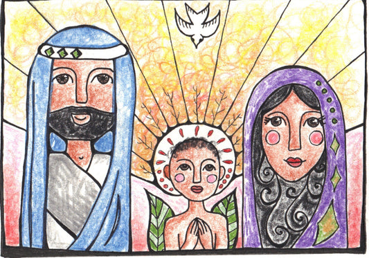 Folk art nativity by Lone Peep: the holy family beneath a golden sunburst with a dove overhead, in warm ambers and violet.