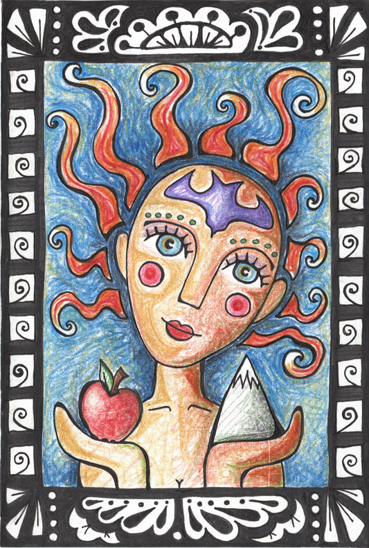 Colourful folk art goddess by Lone Peep with flame-like orange hair, holding a red apple and a snowy peak, in a decorative border.