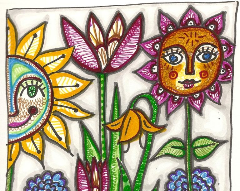 A colorful folk-art style floral illustration featuring smiling sunflowers, tulips, and blue flowers with green stems on a white background.