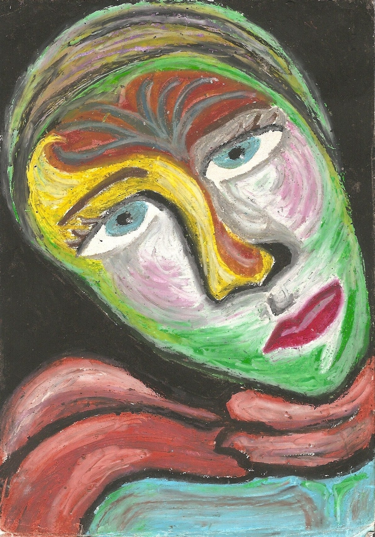 Bold abstract pastel portrait by Lone Peep: a stylized face in vivid yellow, green, red and blue strokes on black.