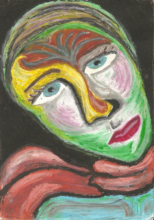 Bold abstract pastel portrait by Lone Peep: a stylized face in vivid yellow, green, red and blue strokes on black.