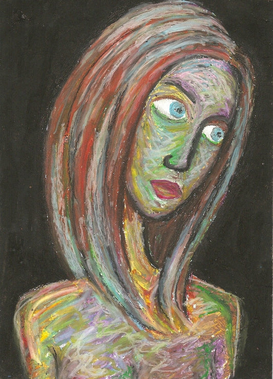 Expressive pastel portrait by Lone Peep: a woman's face with flowing rainbow-stroked hair on a black background.