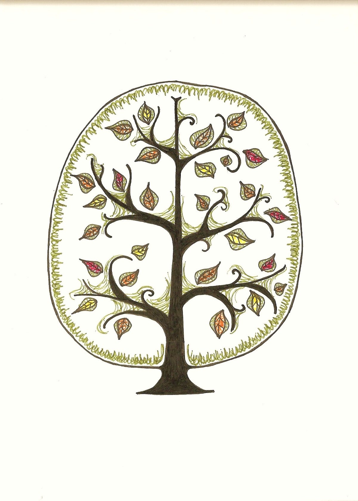Original ink artwork by Lone Peep: a cute and simple tree with autumn leaves.