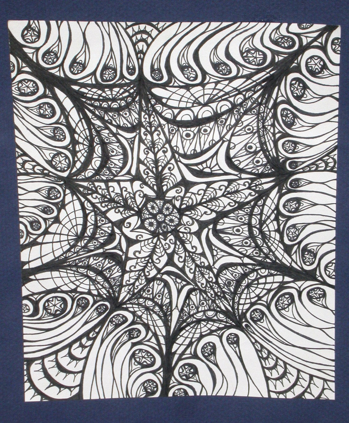 Intricate black ink zentangle star mandala by Lone Peep, radiating symmetrical swirls, teardrops and dot patterns on white.