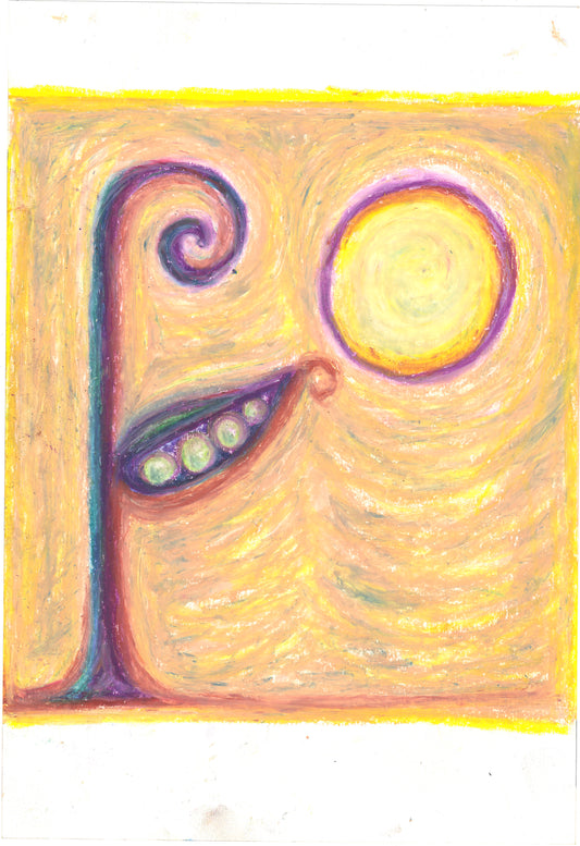 A colorful abstract drawing on white paper featuring a stylized plant or figure with a spiral stem, a curved pod-like shape with green oval accents, and a large yellow circle with a purple outline against a swirling yellow background.