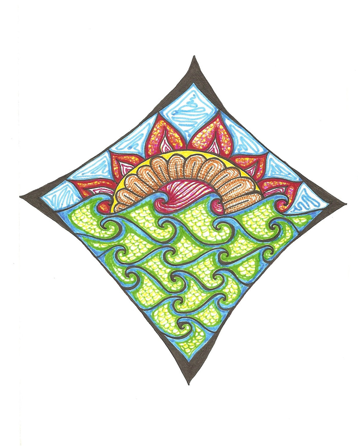 Colourful zentangle diamond artwork by Lone Peep: a sunset shell over stylized green and blue waves with red lotus petals.