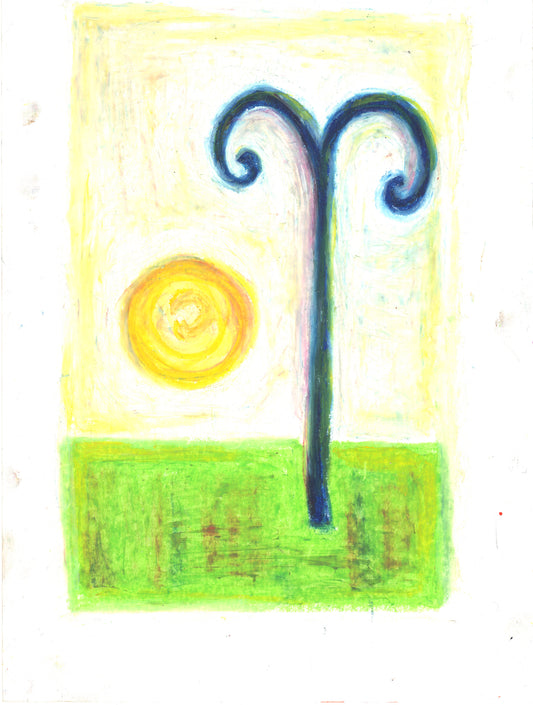 A colorful abstract drawing featuring a stylized dark blue Y-shaped form, a yellow spiral sun, and a green rectangular base on a white background.