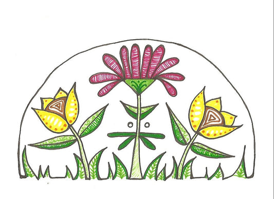 A stylized floral illustration on a white background, featuring three flower heads and leaves inside a semi-circular outline. The center flower is pink with green stem and leaves, while the two side flowers are yellow with brown centers.