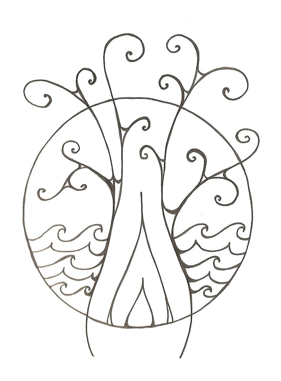 Original ink drawing by Lone Peep: an elegant black and white tree rooted on a shore.