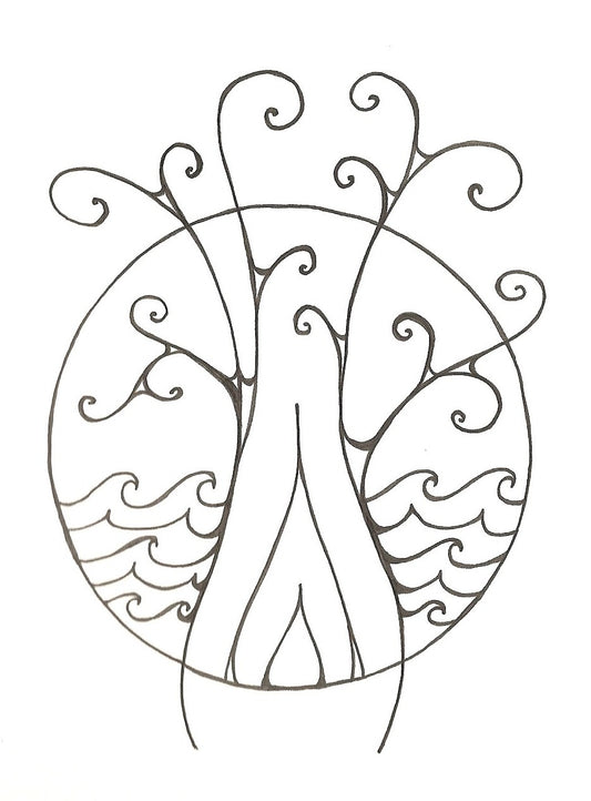 Original ink drawing by Lone Peep: an elegant black and white tree rooted on a shore.