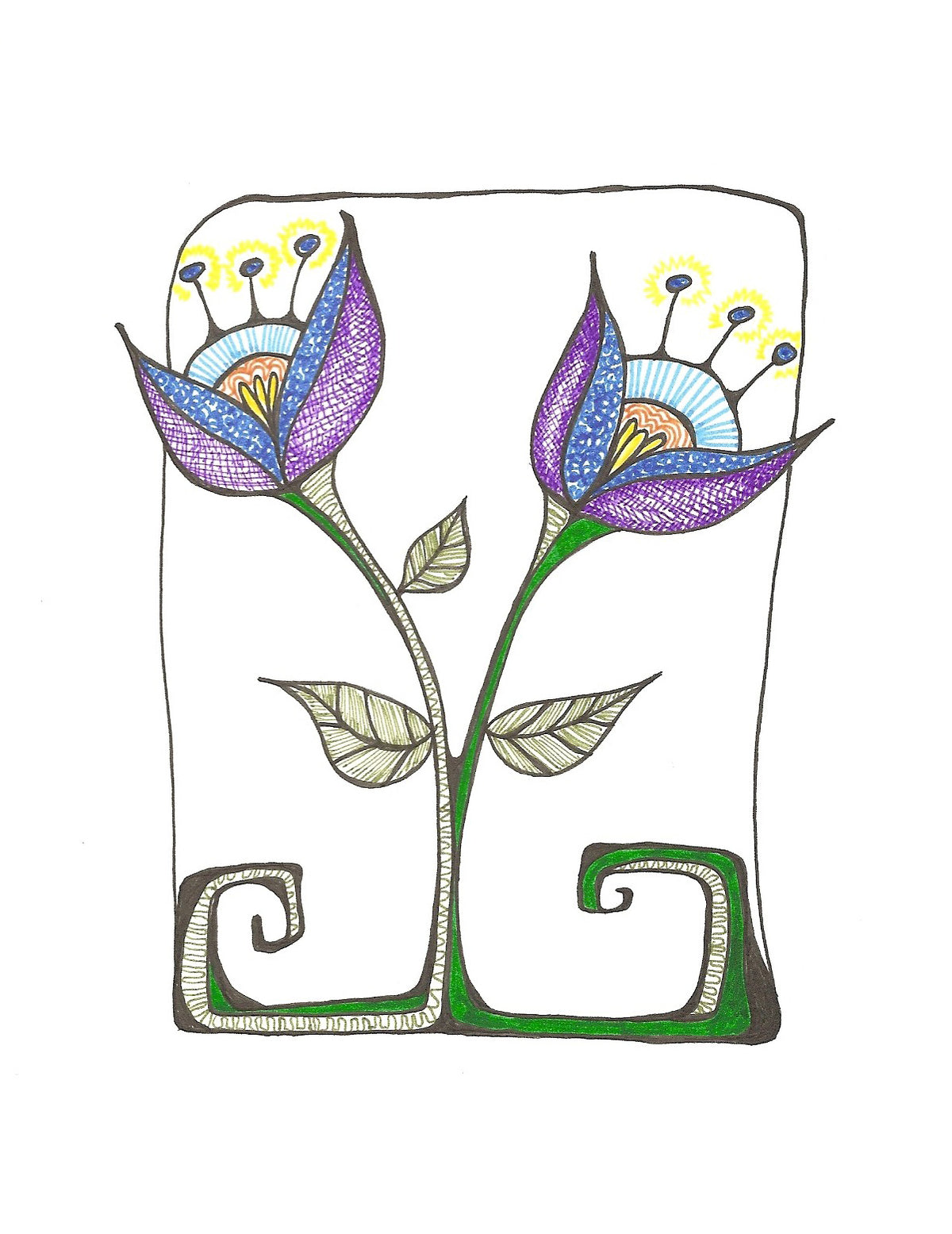 Original ink artwork by Lone Peep: two blue flowers on a green curly stem.